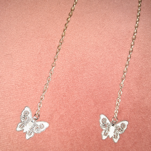 Solid 925 REAL Sterling Silver Wires Handmade Long Chain Butterfly Earrings New - Picture 10 of 10